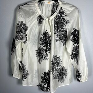 Genie Mode White Black Floral Embroidered Long Sleeve Blouse Women's Top